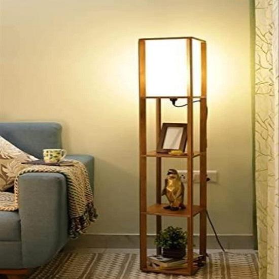 Karniproduction Wooden Floor Lamp with 3 Tier Shelf for Home Decor Living Room Bed Room Study Room Tripod Wooden Night Floor Lamp for Best
