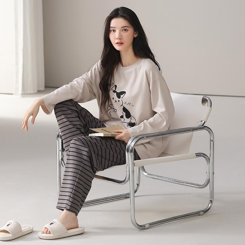 Paibangnu Pure Cotton Sleepwear Women's Spring and Autumn New Casual Loose Long-Sleeved Home Suit Set