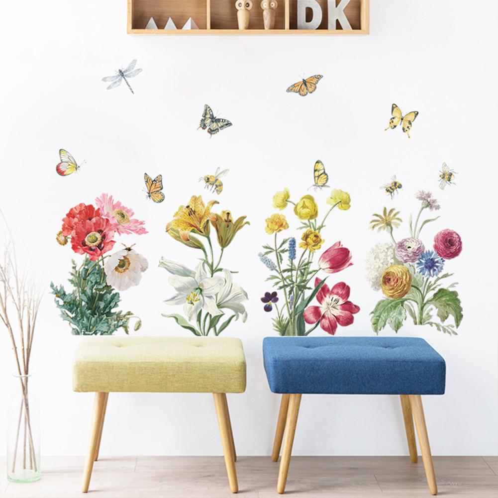 Wall Sticker, Bright Flower Green Leaf Cluster Colored Butterflies Decoration Painting, Bedroom Entrance Diy Self-adhesive Art Decor Decals