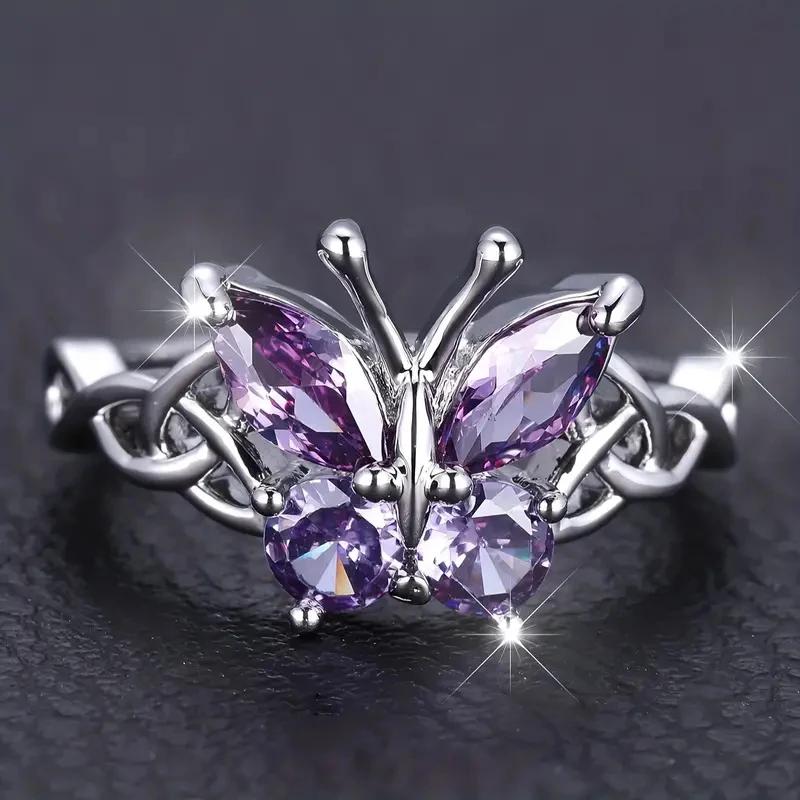 Huitan Romantic Purple Butterfly Rings for Women Charming Purple Cubic Zirconia Aesthetic Female Rings Party Fashion Jewelry