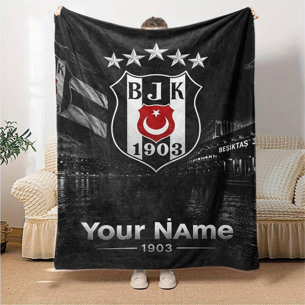 Name Custom Besiktas JK 1903 Print Flannel Blanket High Quality Warm Comfortable Cover for All Seasons Perfect for Gifts Home Decor