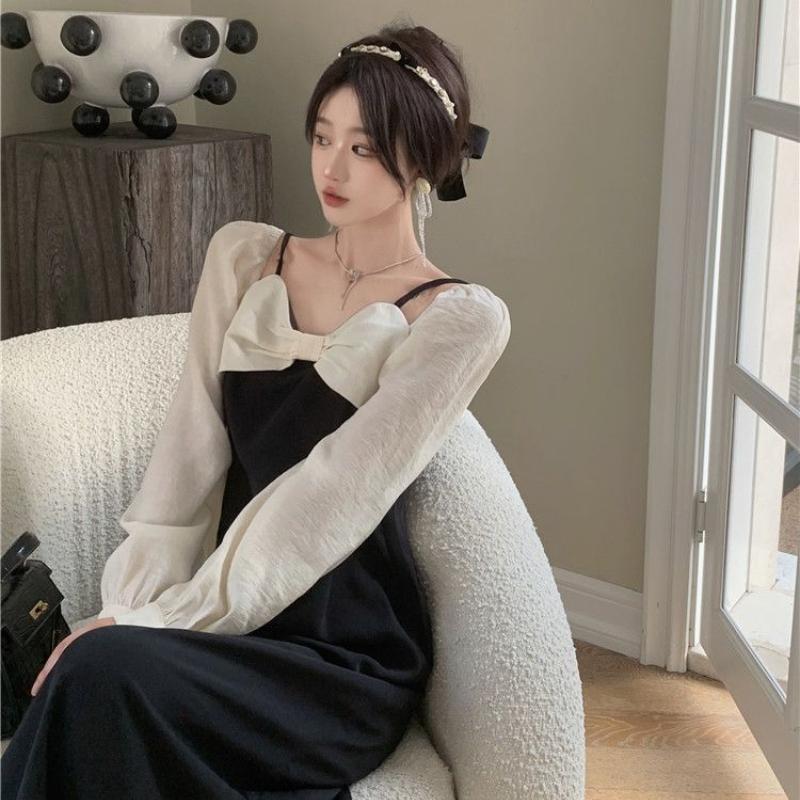 Темпераментное женское платье с длинными рукавами в стиле Хепберн, тонкая, с высокой талией, черная длинная юбка с лямкой на шее, плиссированная молния с дизайном