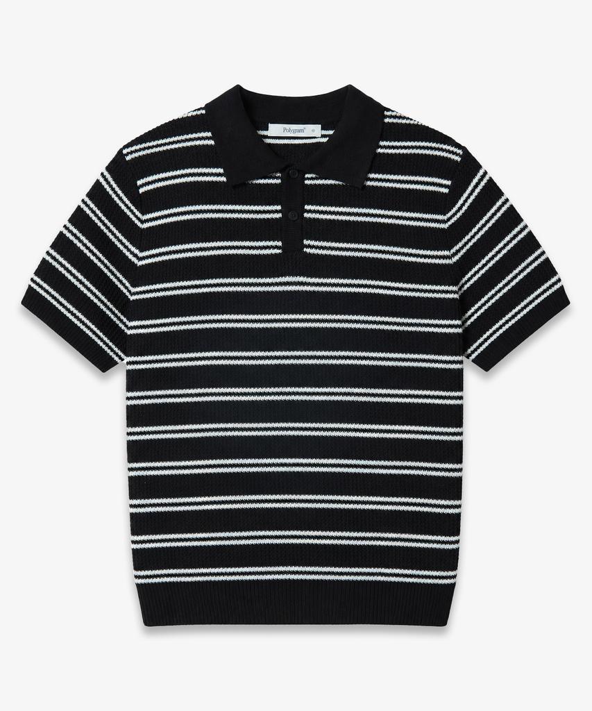 POLYGRAM Multi-Stripe Textured Collared Short Sleeve Knit - Black