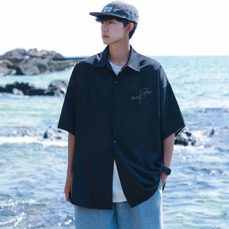 CLOR Casual Short-Sleeve Shirt for Men, Summer Trendy Printed Top, Lightweight Loose Cardigan Jacket, CS01 Black L