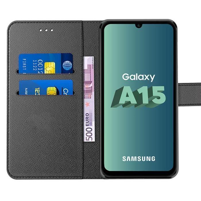 Coque de protection pour Samsung Galaxy A15 - Cuir PU Noir - Fentes pour cartes - 2 Verres Trempés