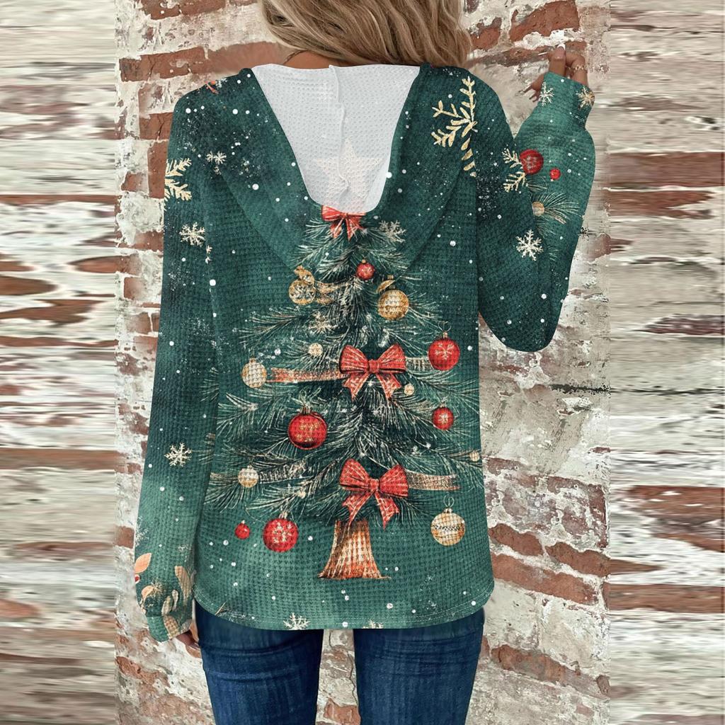Women's Fashion Casual Long Sleeve  Drawstring Button V-Neck  Hooded Christmas Printed Sweatshirt Top