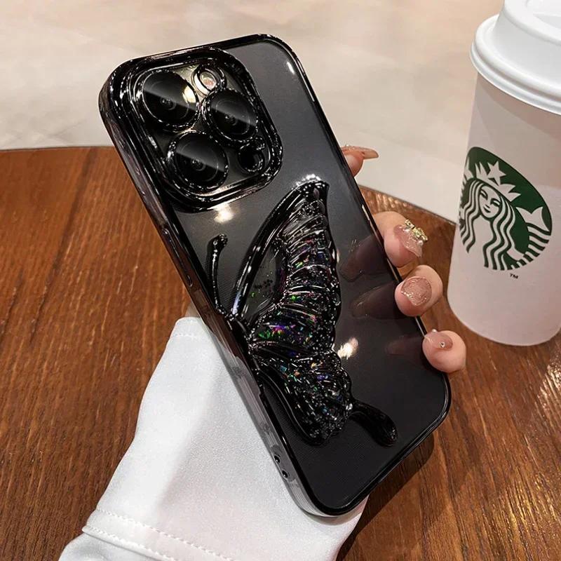 Cartoon Butterfly Glitter Quicksand Case for iPhone 16 15 14 13 Pro Max Plus 11 12 Plating Gradient Bling Camera Film Soft Cover