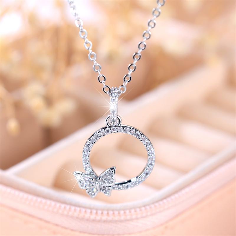 Fashion Female White Round Butterfly Pendant Necklace Cute Silver Color Necklaces For Women Wedding Jewelry Gift