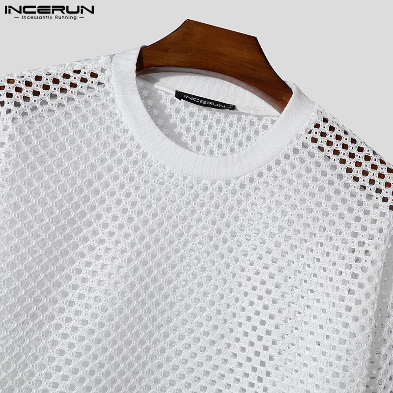 INCERUN Мужские однотонные сетчатые футболки с длинным рукавом и открытыми топами