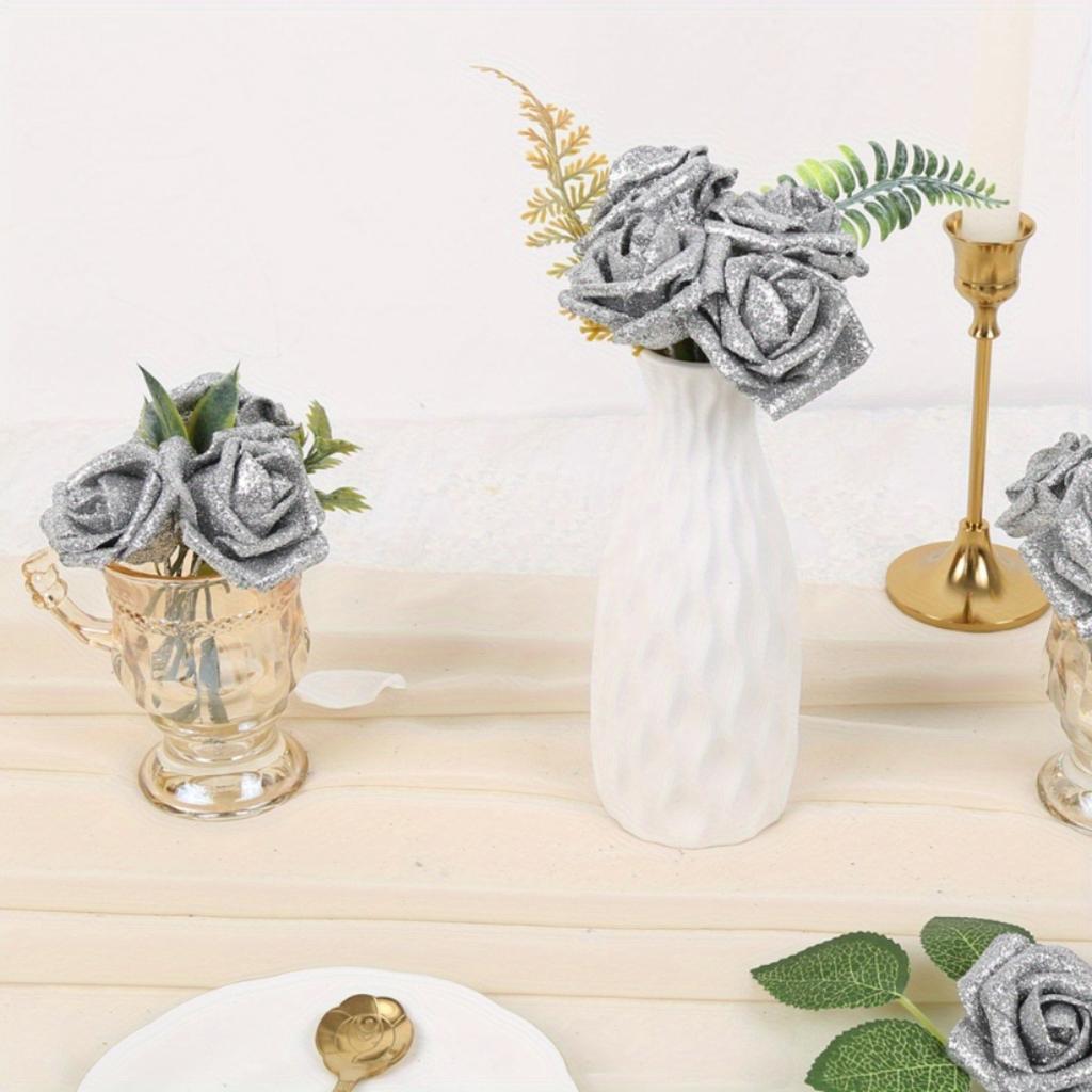 25 шт. искусственных роз, блестящие розы, блестящие цветы, пенопластовые розы со стеблями для самостоятельного изготовления свадебного букета невесты, украшения для вечеринки, украшения для дома, украшения для дерева