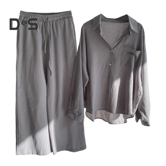 Женский комплект из двух предметов: рубашка с длинным рукавом и застегнутая на пуговицы рубашка с широкими брюками повседневный хлопковый домашний костюм на весну и лето