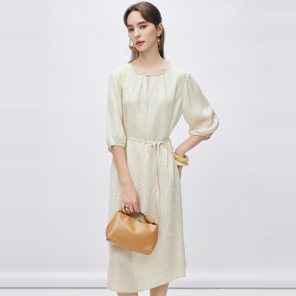 19mm Golden Crown Wrinkle] 26 Spring/Summer Design Sense Round Neck Waist for Slimming Mulberry Silk Dress