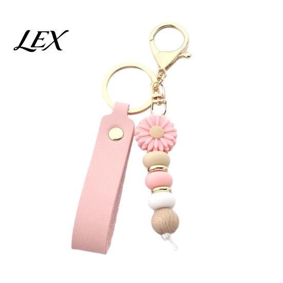 Flower Charm with Wood Beads Silicone Keychain Faux Leather Wristlet, Car Key Floral Ring Pendant Pendant, Handbag Backpack Women