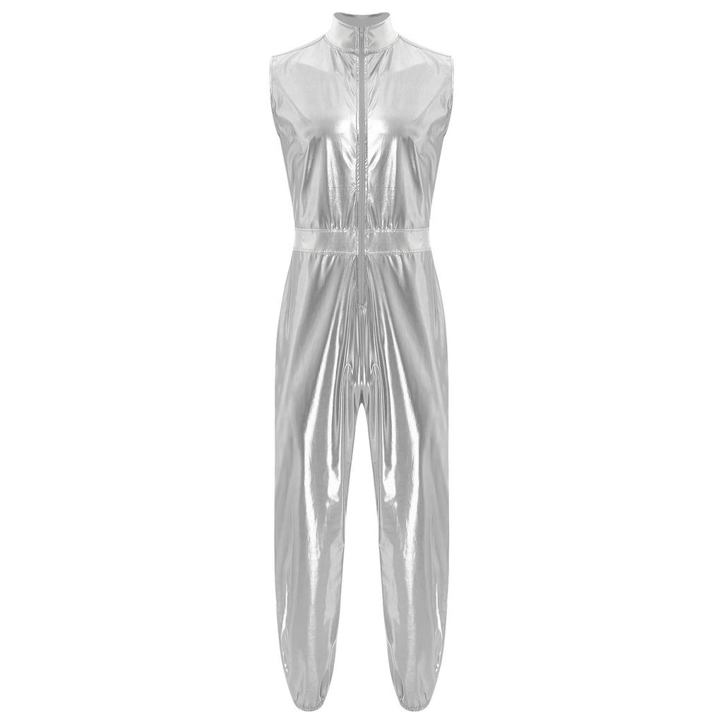 Mens Shiny Metallic Sleeveless Full Length Zipper Jumpsuit Bodysuit