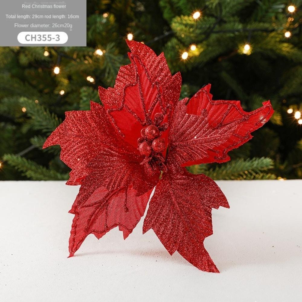 New 26cm Poinsettia Glitter Flower DIY Fake Flowers Christmas Flowers Large Wedding Decor Xmas Tree Decorations