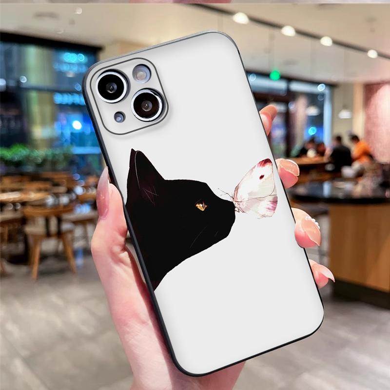 Black and White Cat Silhouette Art Phone Case for iPhone 17 16 15 14 13 12 11 Series Pro Max Plus Double Layer Protection