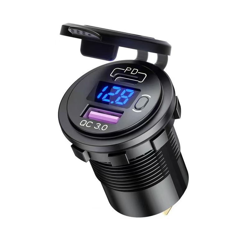 USB C Car Charger Socket 12V/24V Dual USB Socket PD3.0 and QC3.0 Car USB Port With LED Voltmeter and On/Off Switch