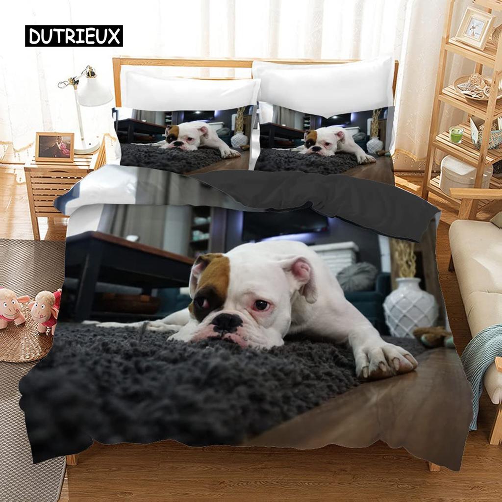 Bulldog Duvet Cover Set Polyester Bulldog Twin Bedding Set Black and White Style Animal Theme Double Queen King Size Quilt Cover