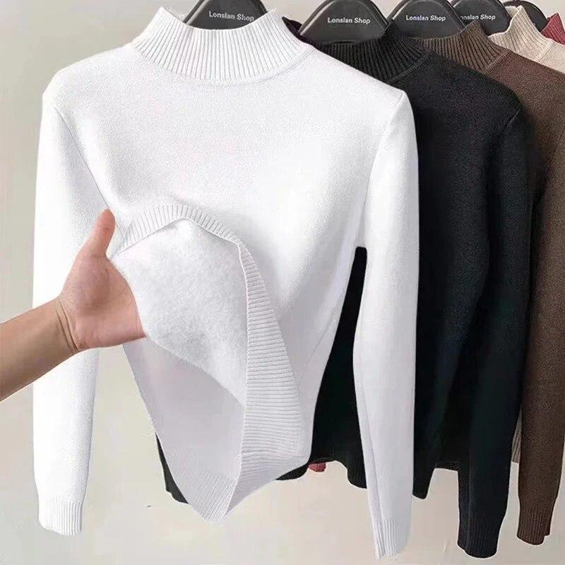 WTEMPO Винтажные зимние свитера с высоким воротником, новый повседневный вязаный пуловер, модный толстый теплый трикотаж на флисовой подкладке, женские бархатные топы