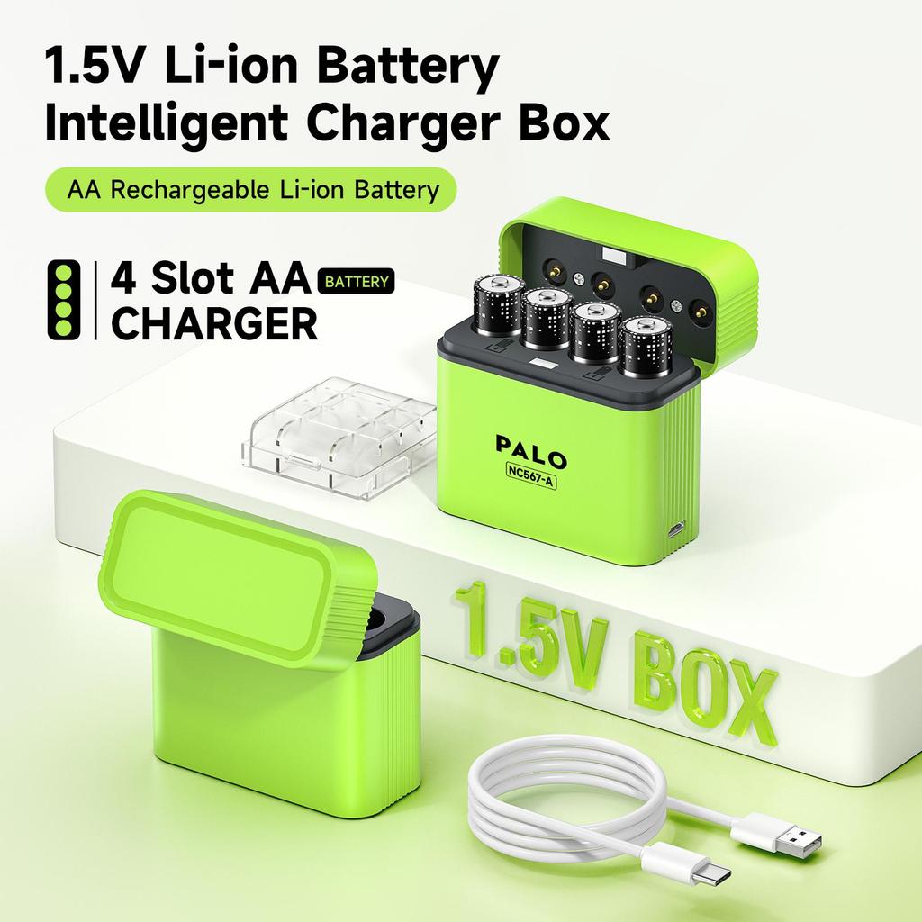 PALO Аккумуляторные литиевые батарейки AA 1,5 В 3400 мВт·ч 1,5 В литий-ионные батарейки AA Интеллектуальный зарядный бокс с дата-кабелем TYPE-C