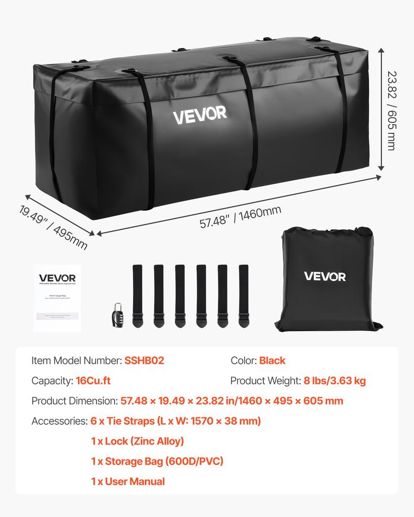 VEVOR Hitch Cargo Carrier Bag, Waterproof 840D PVC, 57.48 x 19.49 x 23.82 in (16 Cubic Feet)