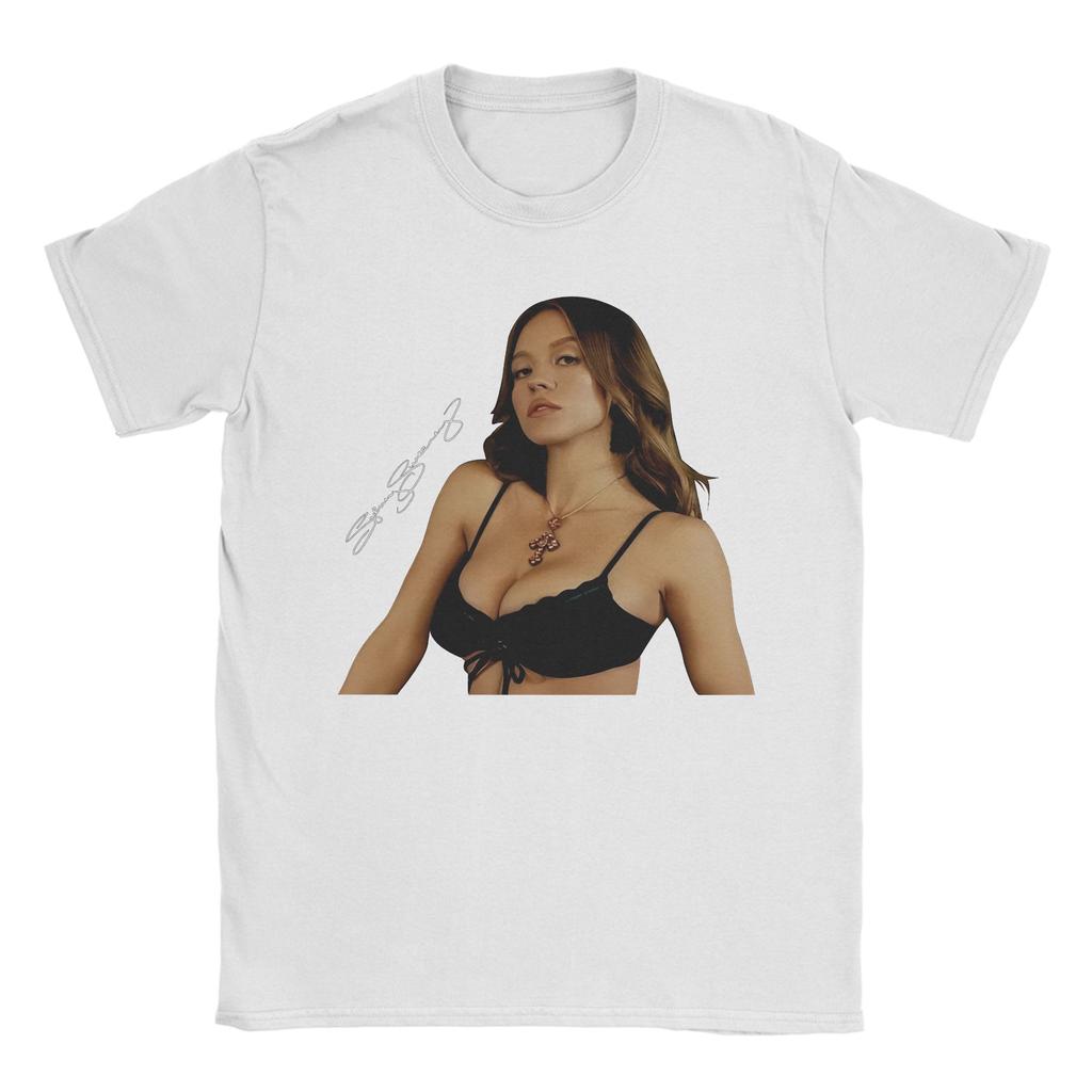 Сидни Суини Носите футболки для мужчин Потрясающая хлопковая футболка с круглым вырезом и коротким рукавом Одежда больших размеров