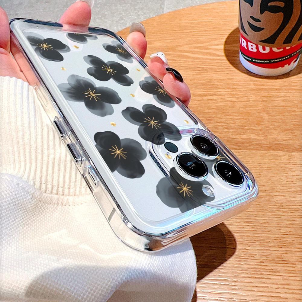Black Flowers Gold Accents Transparent soft TPU Phone Case for Xiaomi Redmi Note 15 14 13 12 11 10 9 Pro Plus 4G 5G Soft Cover