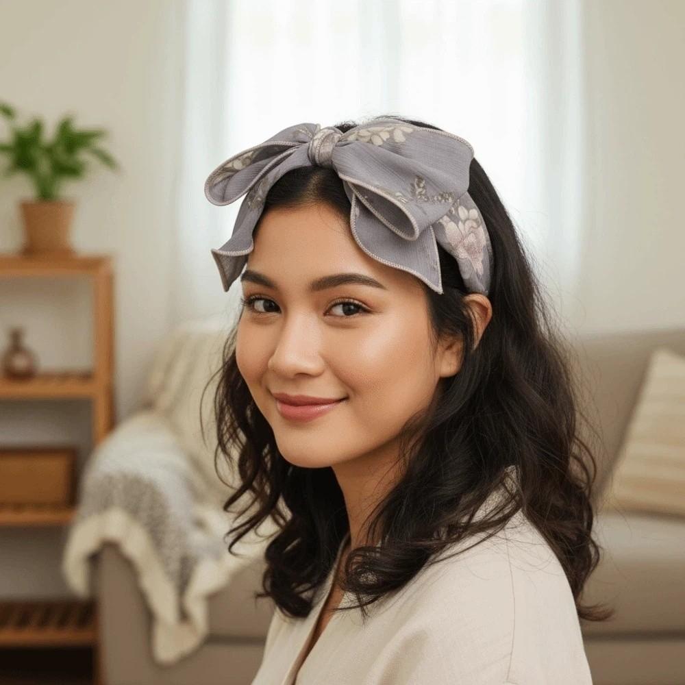 Creative Three-layer Bow Headband Headwear Floral Printed Hairband Bownot Wide Hair Hoop Daily