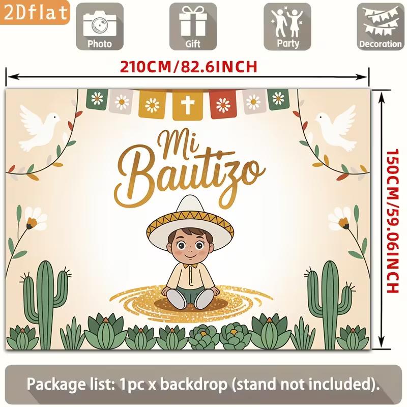 2D Mi Bautizo Photography Backdrop, Neutral Beige Cactus and Dove Baptism Background