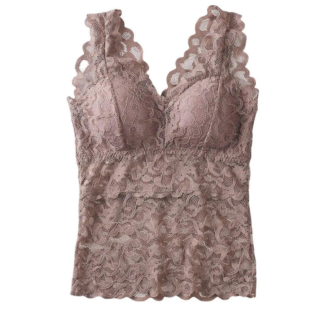 Women's Long Wide Shoulder Strap Lace Beautiful Back Wrapped Chest Stripes Anti-light Bottoming with Chest Pad No Steel Ring Underwear Stealth