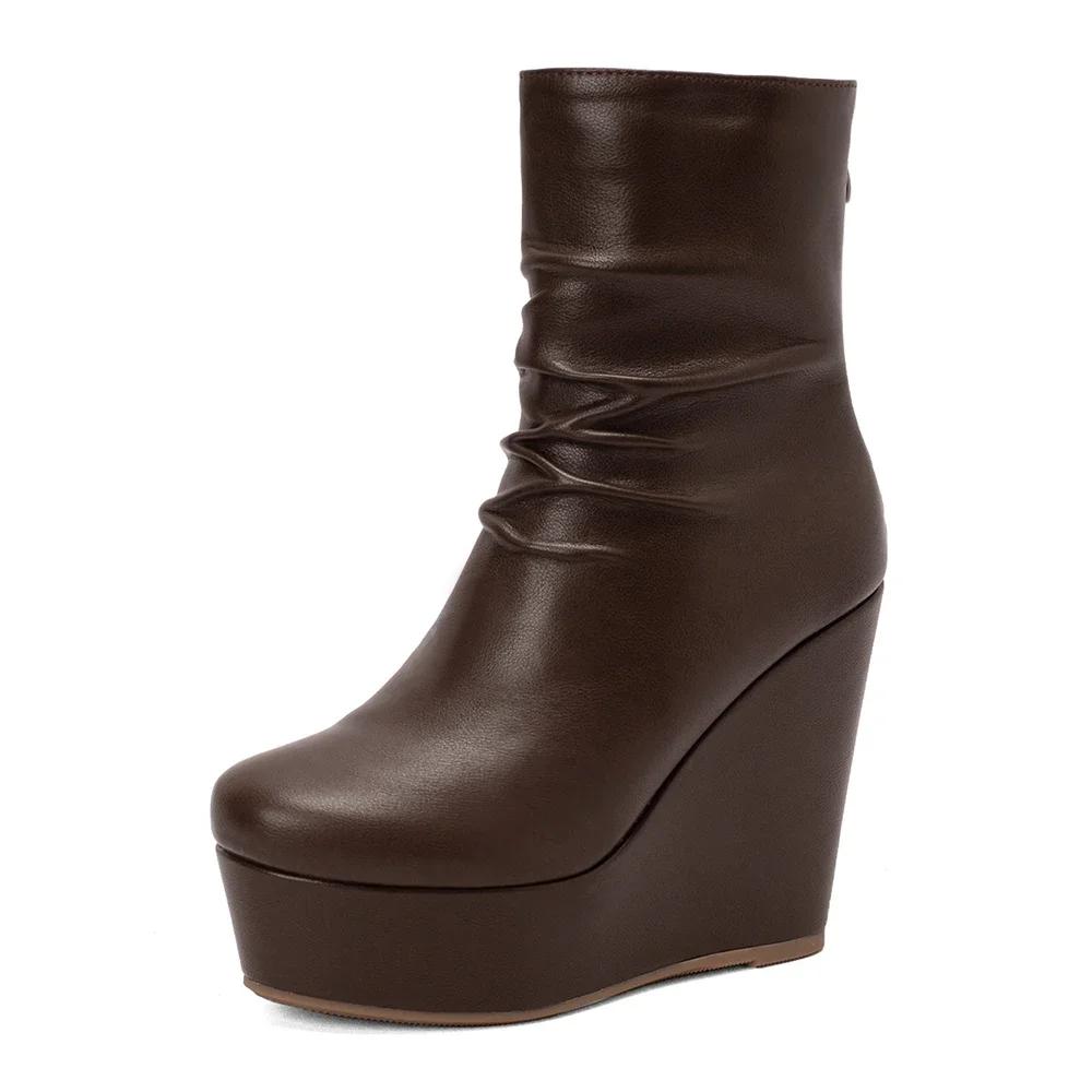 Модні танкетки черевики до щиколотки Жіноче зимове осіннє взуття Модні жіночі короткі чоботи на платформі зі штучної шкіри Сексуальні високі підбори Чорне взуття Жіноче