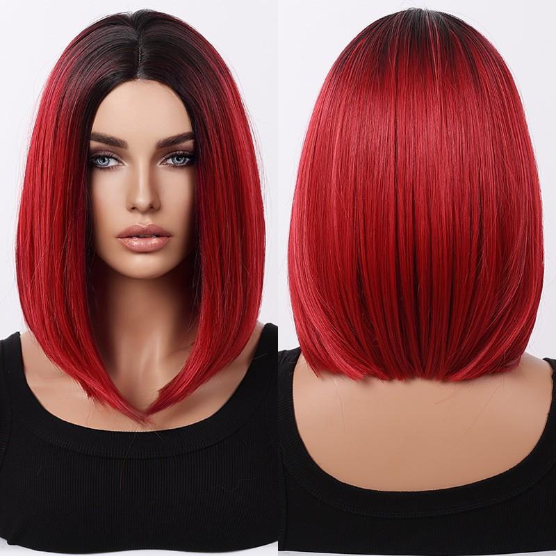 Short Straight Bob Wig With Center Part Wine Red Heat Resistant Synthetic Hair Women Any Face Shape