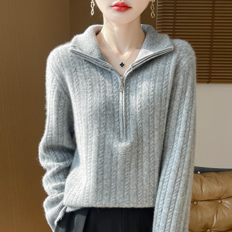 Women Sweater 100% Wool TIDENOVEL Turn-down Collar Knit Pullover Thick Winter Jumpers Female Knit Tops Zipper