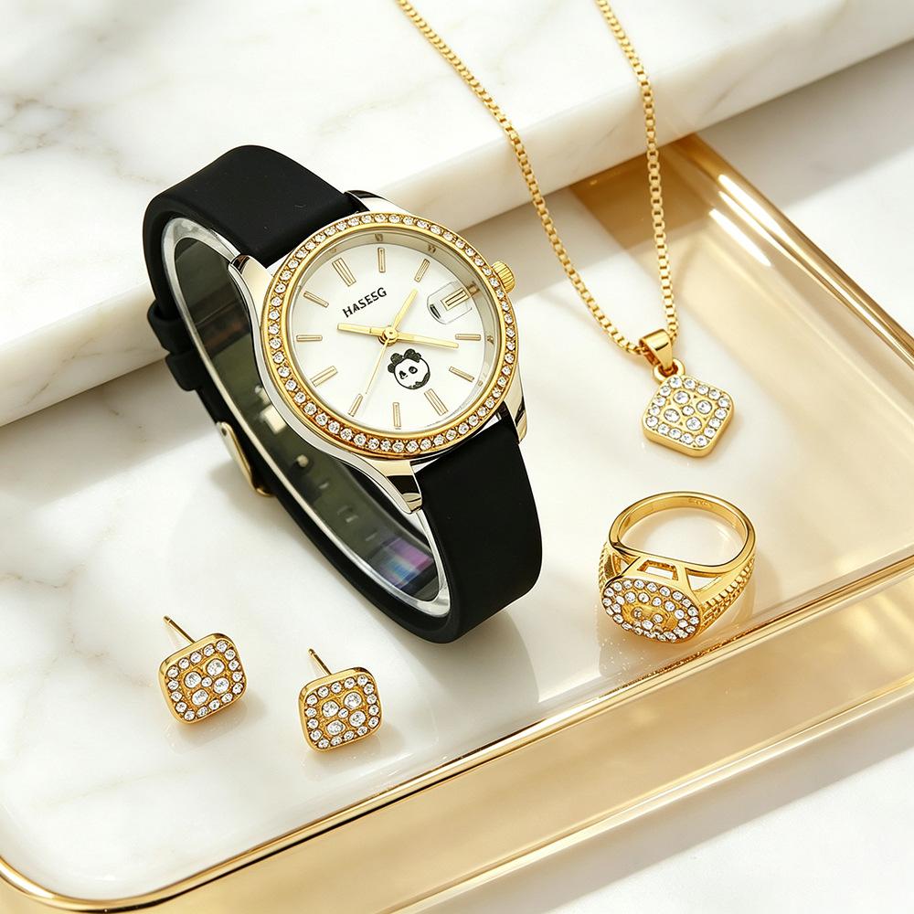 Women Watch Set Complete Ladies Accessory Bundle Quartz Calendar Watch Square Rhinestone Necklace Ring Earring