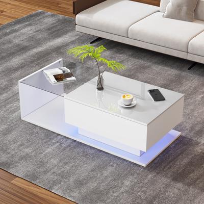 High-Gloss White Coffee Table 100x50x32 Cm - with Glass Top and Drawers, Scratch-Resistant, with 1 Drawer, with LED Lighting, Modern Style