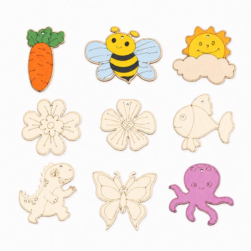 Hand-painted Wooden Graffiti Animal & Vegetable Pendant DIY Kit for Kids – Creative Coloring Gift