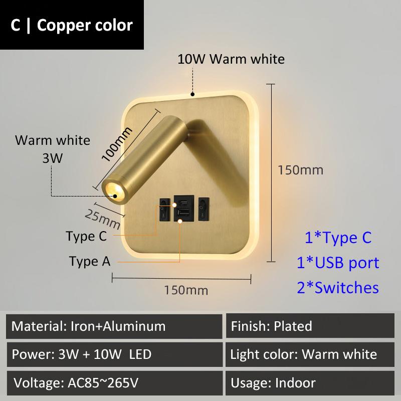 Creative Base Switches Small Wall Lamp With USB Type-C Charging Port Living Room Bedroom Bedside Rotatable Reading Light 10W+3W