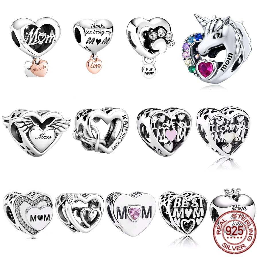 Аутентичные стерлингового серебра 925 пробы Love You Mom Heart Шарм из бисера подходит для милого модного браслета ювелирных украшений в подарок для женщин