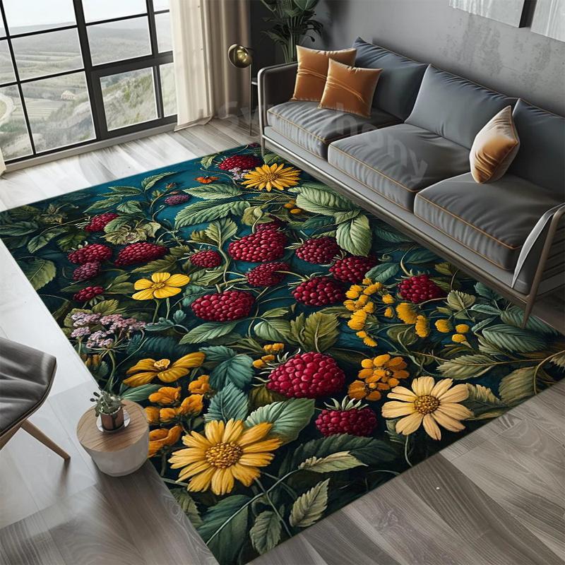 Navy Pink Orchid Area Rug Elegant Floral Botanical Pattern Non-Slip Stain Resistant Carpet for Living Room Bedroom Entryway