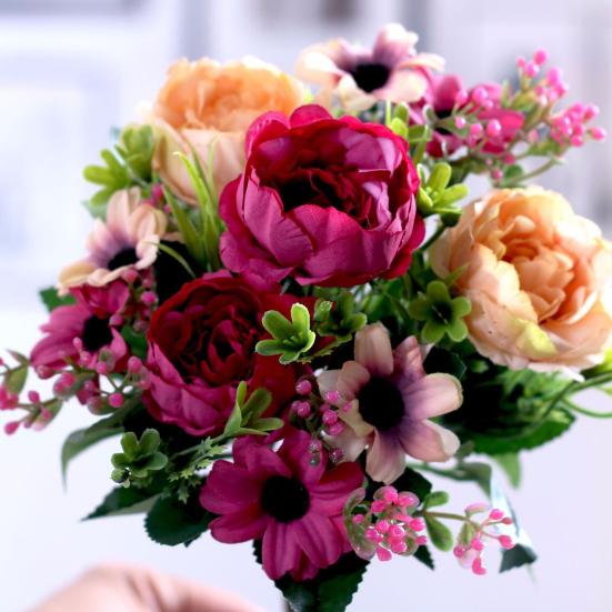 Имитация пиона Реалистичный искусственный букет с зелеными листьями и ветками