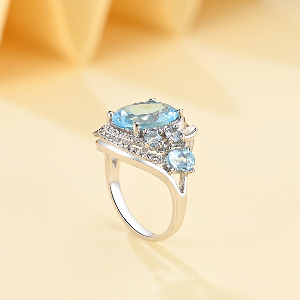 Великолепное кольцо с натуральным небесно-голубым топазом, дизайн с несколькими драгоценными камнями, модное, легкое, роскошное, женская одежда для юбилеев и банкетов, изысканные ювелирные изделия