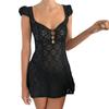 Mini Lace Dress Summer Women's See-through Short-sleeved V-neck Hollow Button A-line Dress Club Wear