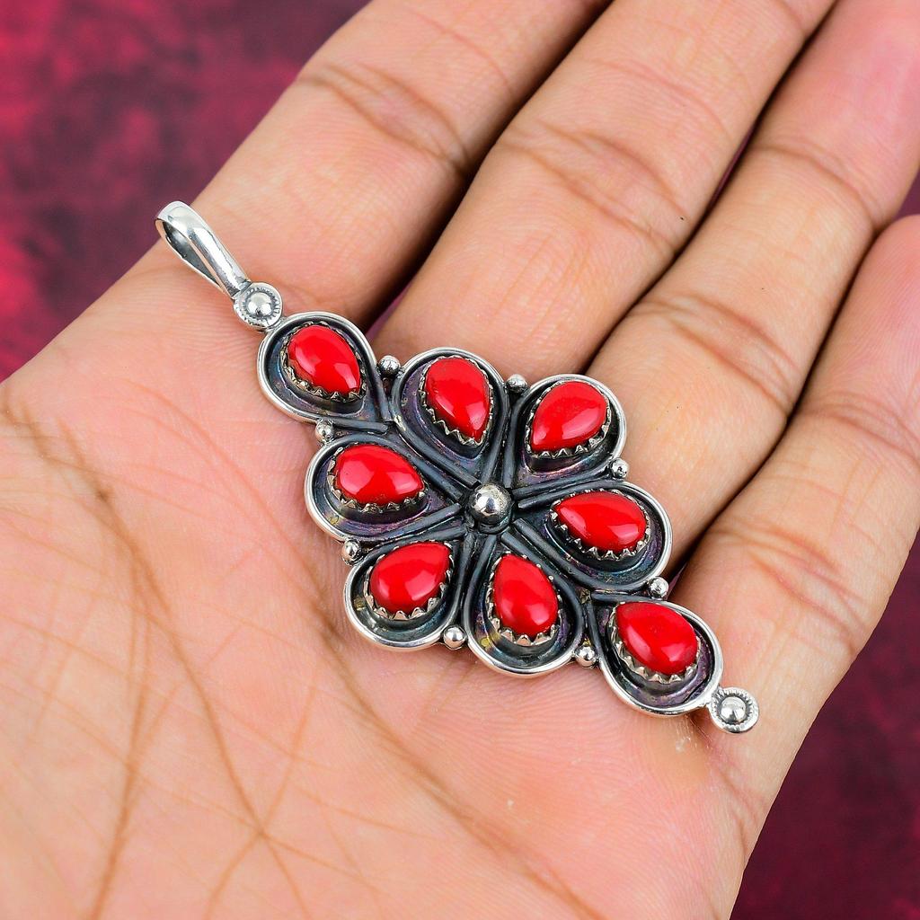 Подвеска из драгоценного камня ручной работы с красным кораллом, подвеска из стерлингового серебра 925 пробы, антикварные ювелирные изделия, для подарка на помолвку