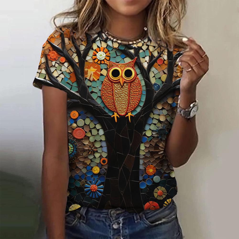 Summer Round Neck Owl Pattern Printed Top Fashionable Casual Cute Short Sleeved Women's T-shirts