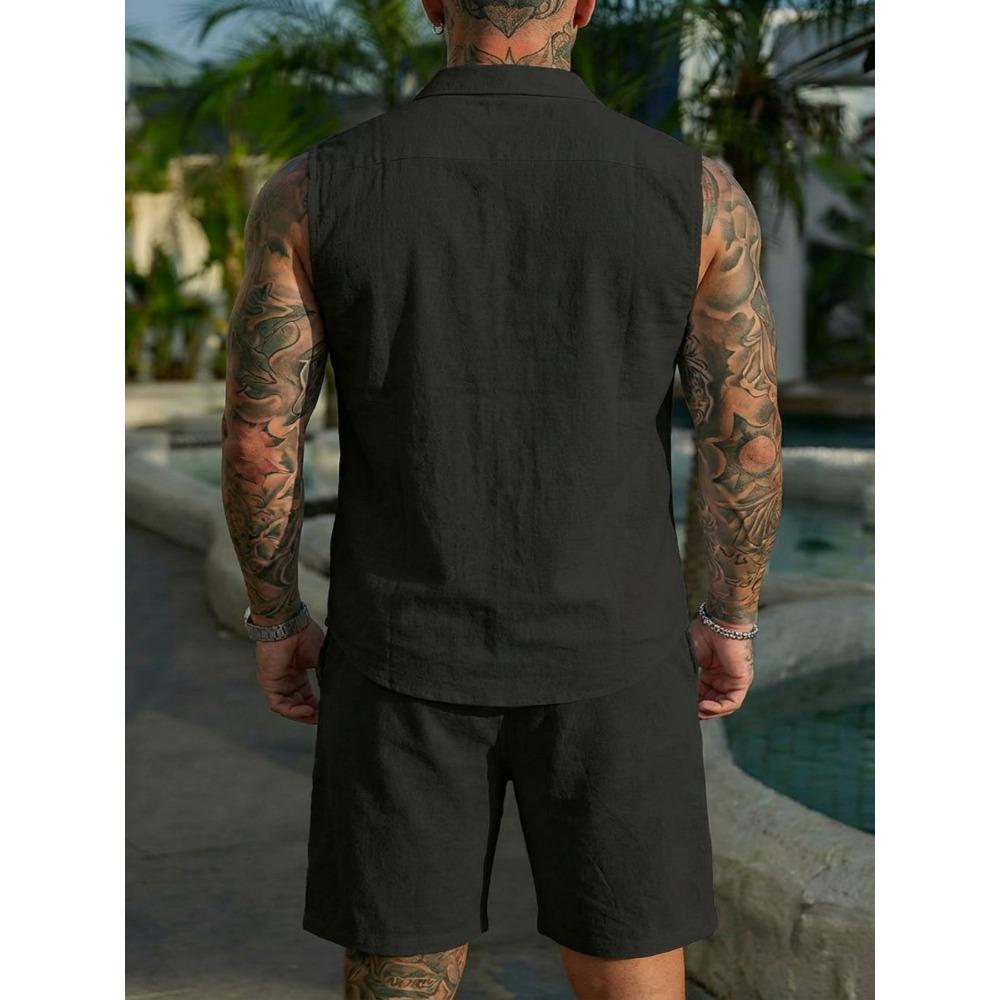 Men’s Summer Sleeveless Collared Shirt Set – Plain-Coloured Linen Casual Beach Outfit