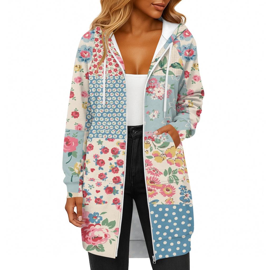 Women's Fashionable Printed Long Sleeved Drawstring Hooded Zipper Pocket Long Casual Sweatshirt Jacket