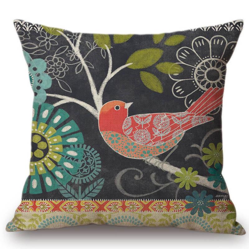 Lovely Birds Floral Night Owl Squirrel Home Decorative Cotton Linen Sofa Throw Pillow Case 45X45Cm Square Car Cushion Cover Case