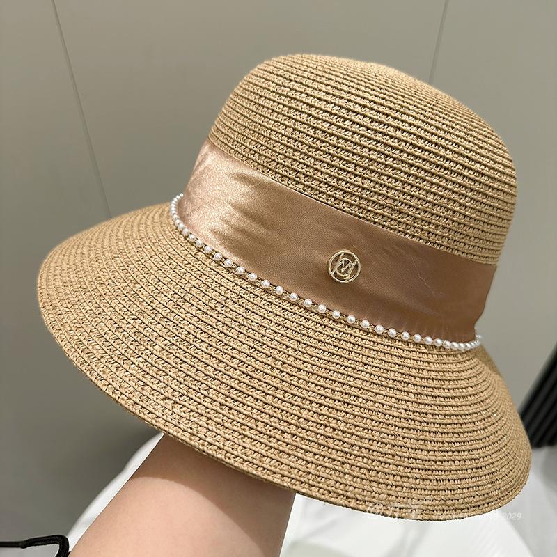 Straw Hat Elegant Women's M Standard Pearl Bowler Hat Light Bucket Hat Wide Brim Sunshade Straw Hat