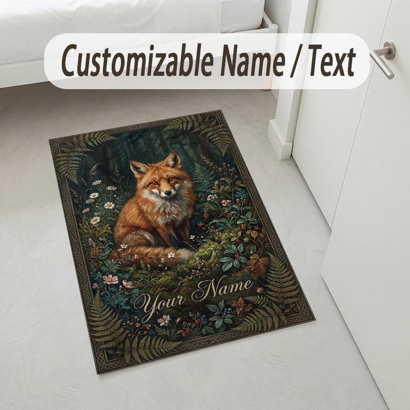 Fox Flowers Theme Soft Crystal Velvet Rug Custom Name & Text Print Non Slip Floor Rug for Bedroom Living Room