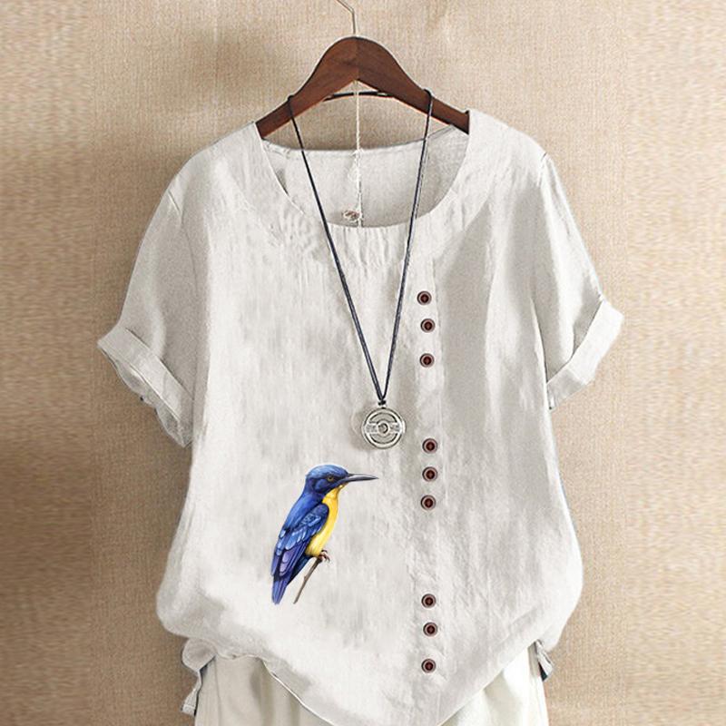 Women's Fashion Bird Prined Round Neck Short Sleeve T-shirt Casual Cotton Linen Graphic Shirt Leisure Loose Summer Blouse Tops